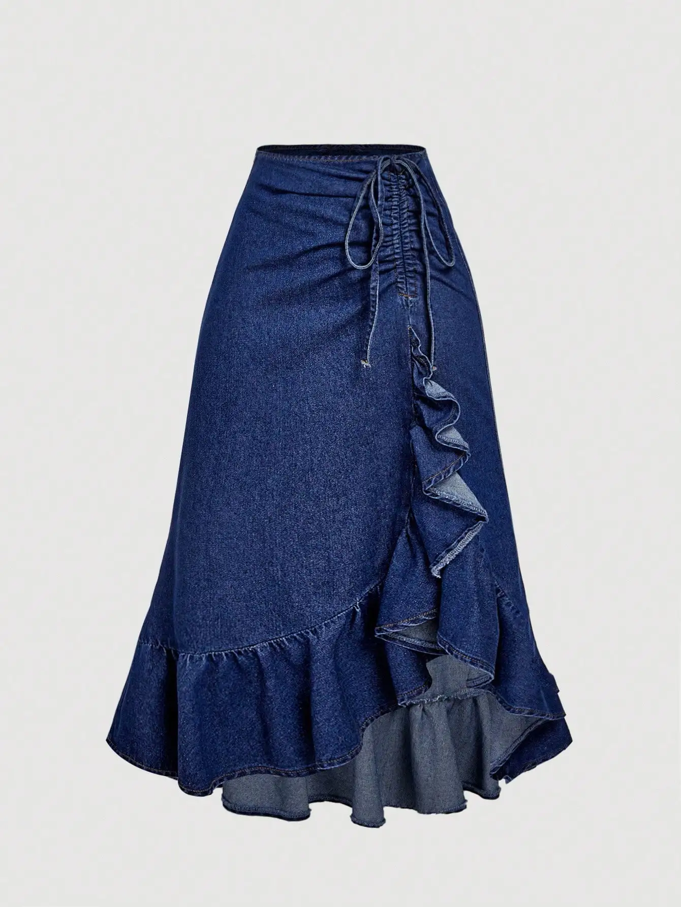 

Джинсовая юбка миди с завязками на талии и многослойным рюшевым подолом