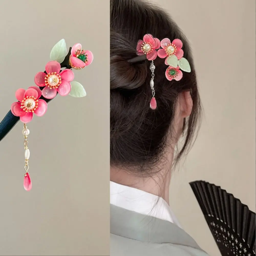 Vintage Winding Flower Hairpin Elegant Classical Wooden Hair Stick Handmade Flower Pearl Tassel Hanfu Headwear Women