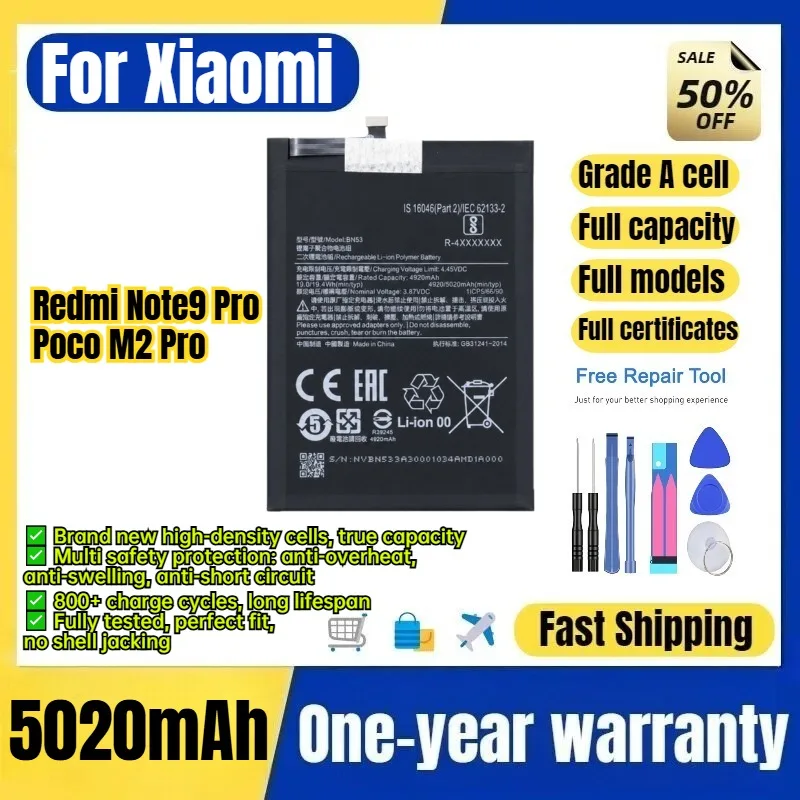 BN53 for Xiaomi Redmi Note9 Pro/PocoM2 Pro Phone Battery 0Cycle High Capacity Battery Replacement Bateria Grade A Cell with Tool