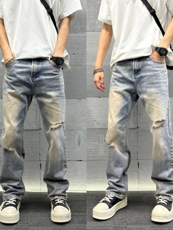 Washed Vintage Hole Jeans Youth Fashion Straight Leg Pants Men's Flared Pants Spring Summer Long Jeans Casual Slim Fit