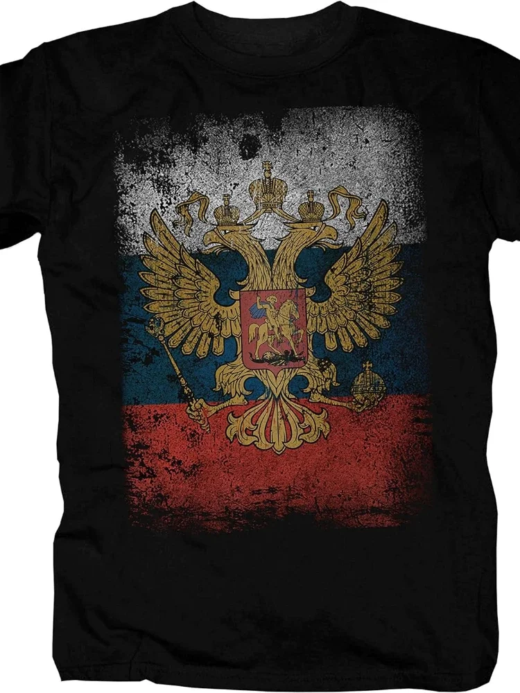 Russia Flag with Coat of Arms Men T-shirt Short Sleeve Casual 100% Cotton T-shirts
