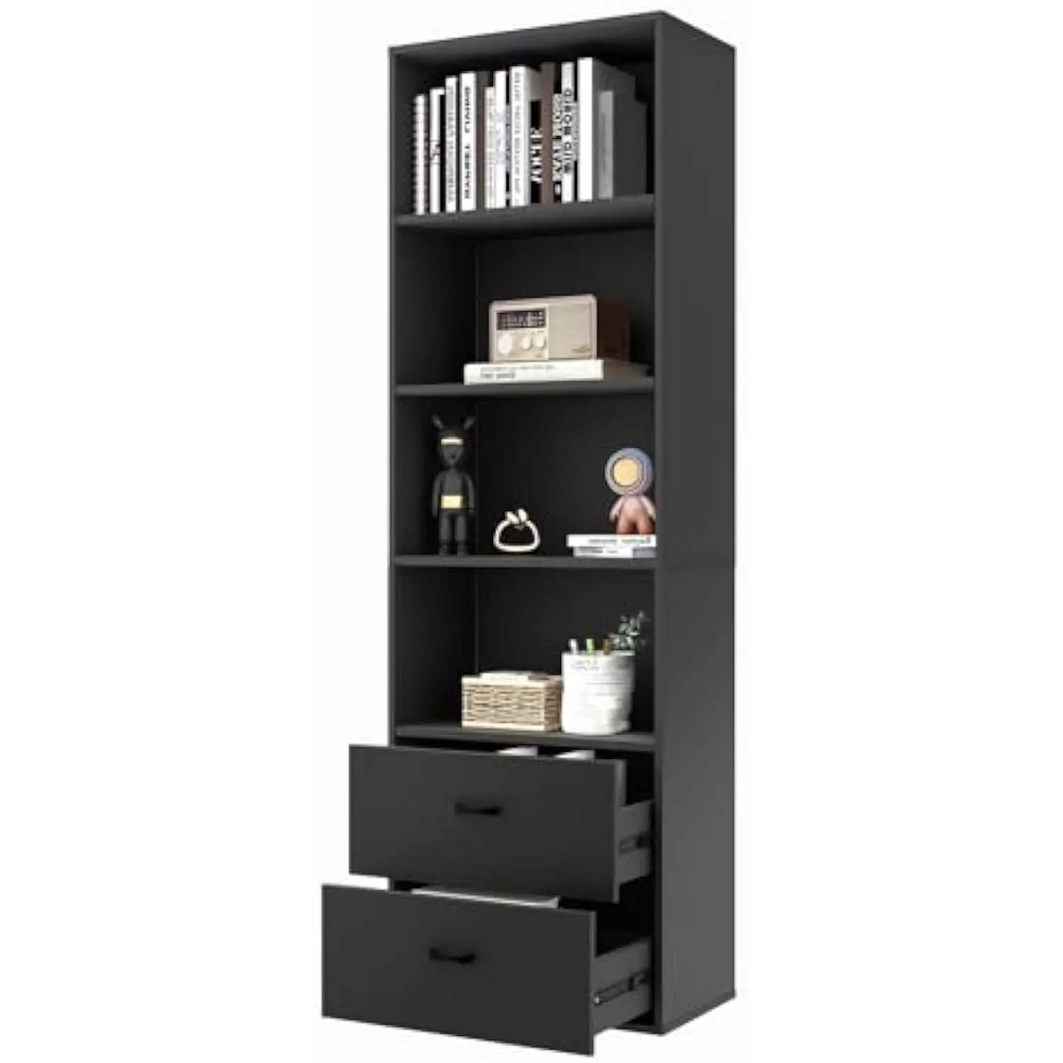 

MAT EXPERT 71” Black Tall Bookcase, Modern Display Storage Cabinet with 4 Tier Open Shelves & 2 Drawers, Kitchen Pantry Cabinet