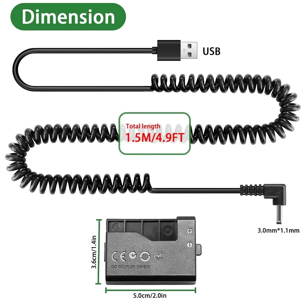 LP-E10 DR-E10 Dummy Battery DC Coupler External Power Adapter Kit for Canon EOS Rebel T7 T6 T5 T3 1100D ACK-E10 USB Power Cord