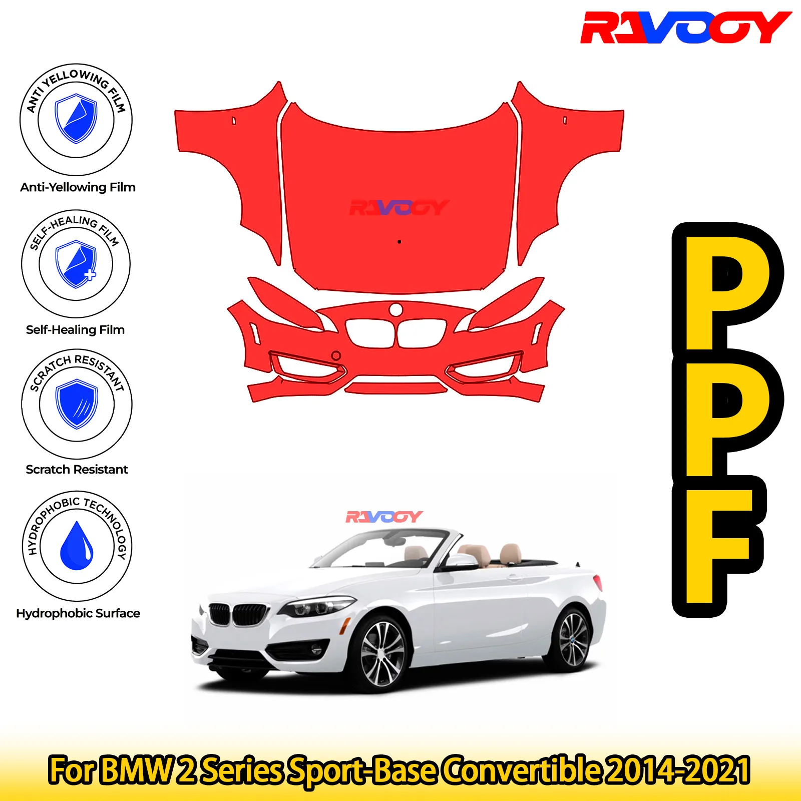 

Для BMW 2-й серии Sport-Base Convertible 2014-2021, глянцевая матовая черная предварительно вырезанная передняя защитная пленка PPF, комплект