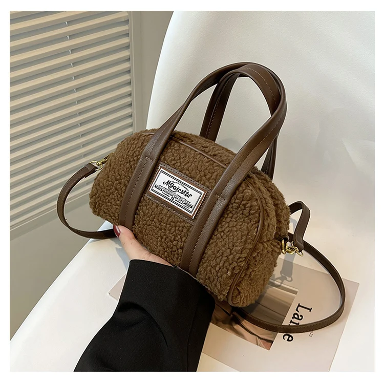 Vintage Soft Plush Women\'s Tote Purse Handbags Winter Faux Lamb Wool Female Shoulder Bags Simple Ladies Small Messenger Bag