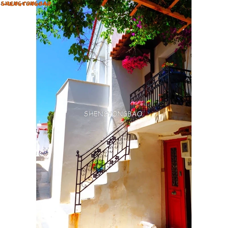 SHENGYONGBAO Santorin grec mer égée vacances fête décoration baie ville Architecture fleurs photographie fond XC-12