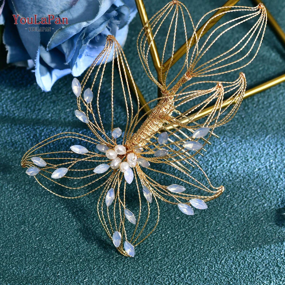 YouLaPan Handmade Hollow Flower Bridal Hair Comb Headwear Opal Rhinestone Hair Jewelry Wedding Tiaras Hair Accessories HP257