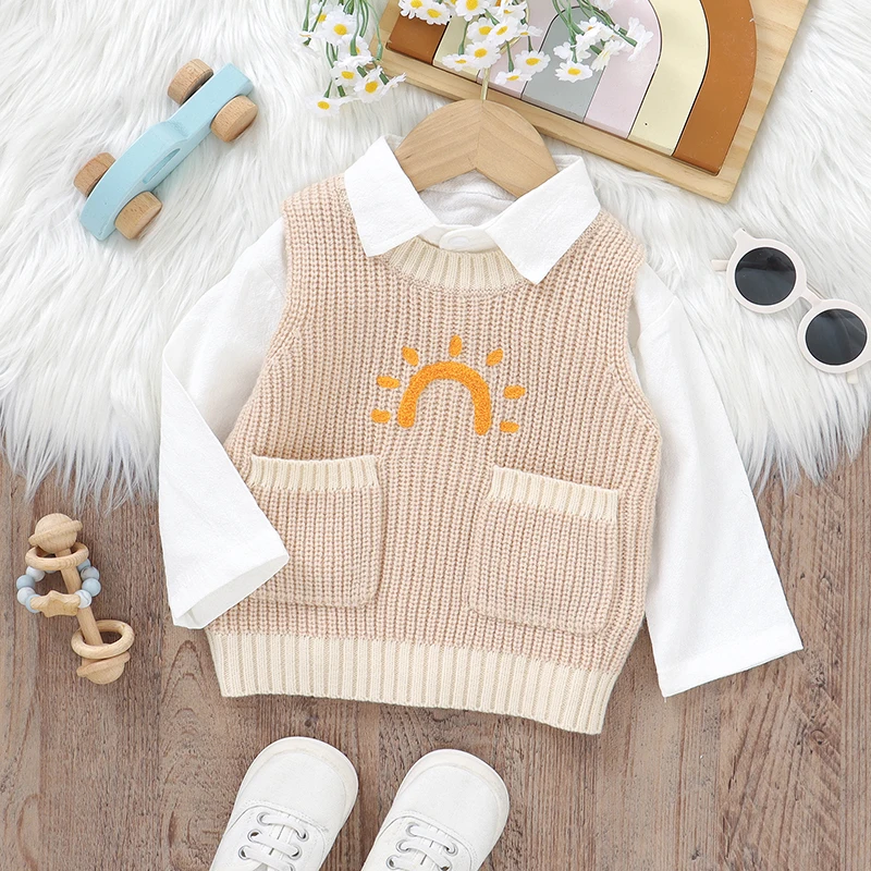 Baby Sweater Knit Sleeveless Newborn Boy Girl Tops Solid Toddler Infant Clothes Outwear Fashion Sunshine Pockets Autumn Overalls