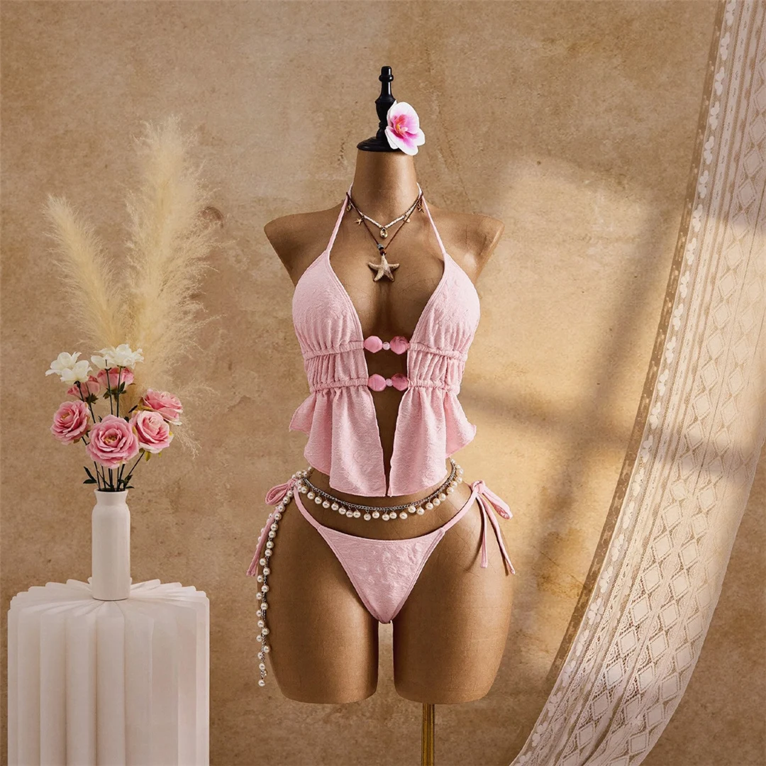 S - XL, geraffter Bikini, Tankini mit Trägern, Damen-Badeanzug, zweiteiliges Bikini-Set, gepolsterter Badeanzug, Badebekleidung, Modell V7819. – Detail 2