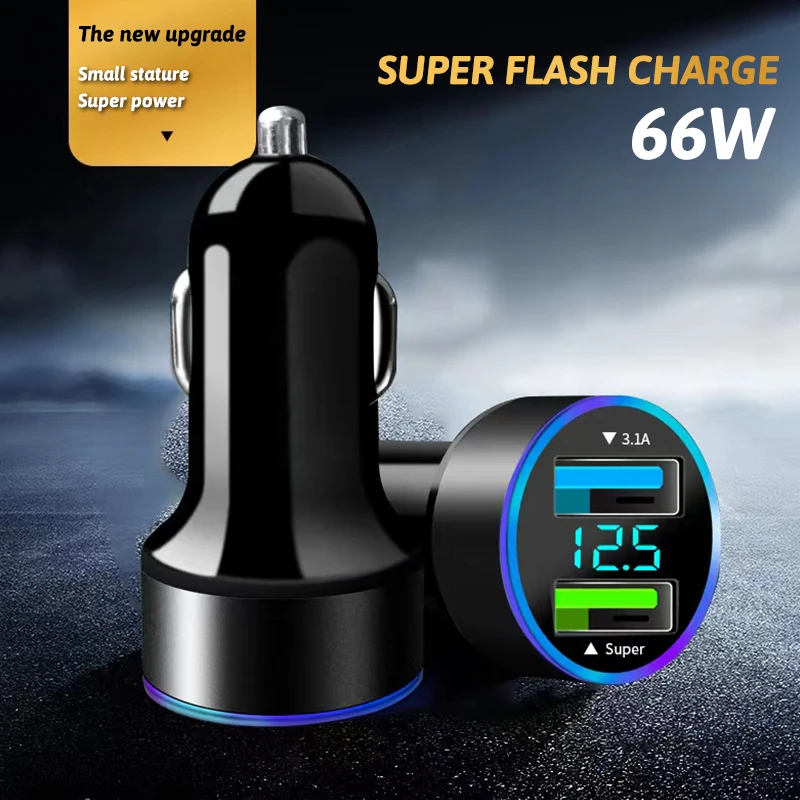 66W USB Car Charger Dual Ports 3.0 Fast Charging For iPhone 13 12 11 Huawei Xiaomi With Universal LED Display