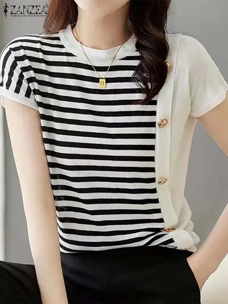 ZANZEA Women Summer Fashion OL Work Shirt Casual Striped Patchwork Tops Stylish Office Blusas Mujer Elegant Short Sleeve Blouse