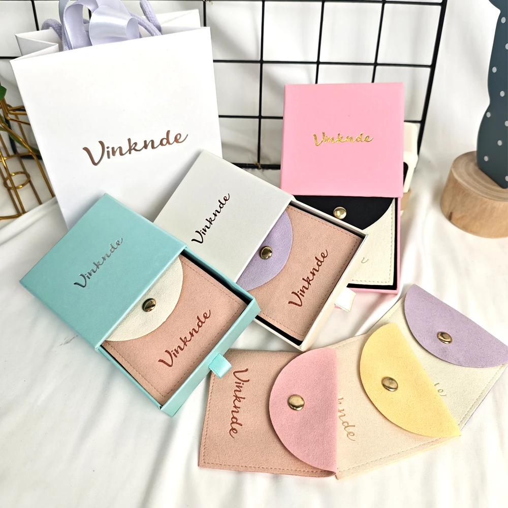 

Custom Logo Paper Jewelry Gift Box with Slide Drawer Velvet Lined Sponge Earrings Rings Necklace Packaging Microfiber Bag Pouch