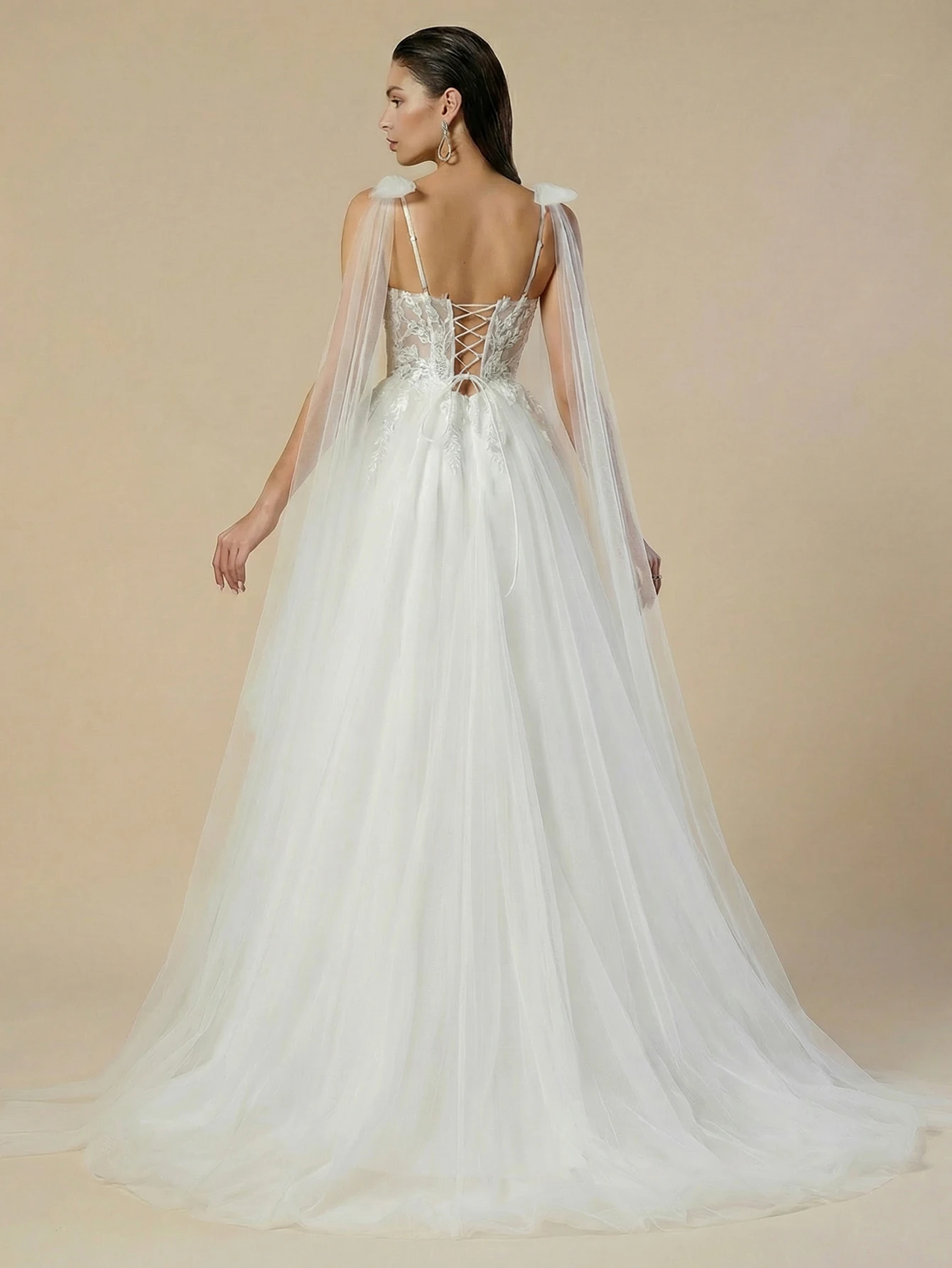 Gardenwed Elegant Shinny Mesh Bridal Gown with Sheer Cape and Bow Detail, Wedding Dress for Bride