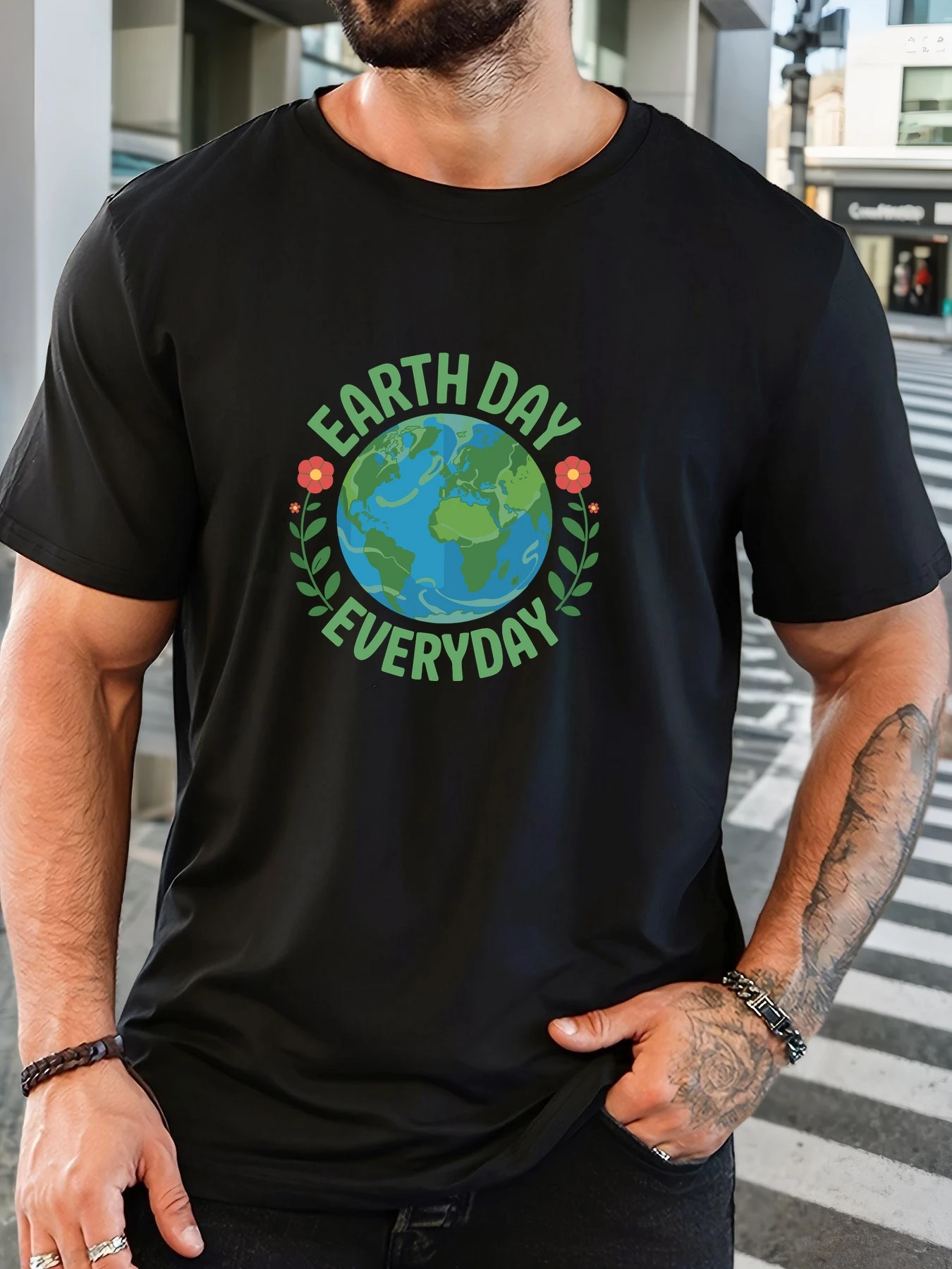 

Men's EARTH DAY EVERYDAY pattern summer casual crew neck short T-shirt