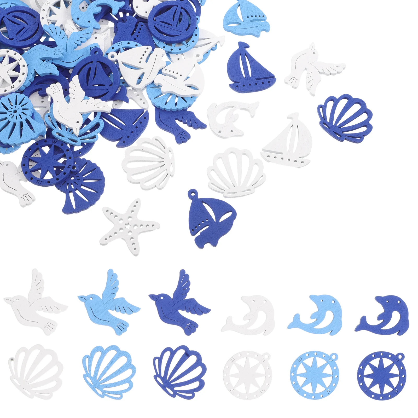 

100Pcs Mediterranean Coastal Wooden Cutouts Shells Sea Star Sailboat Series Pieces Nautical Wall Decorations for DIY