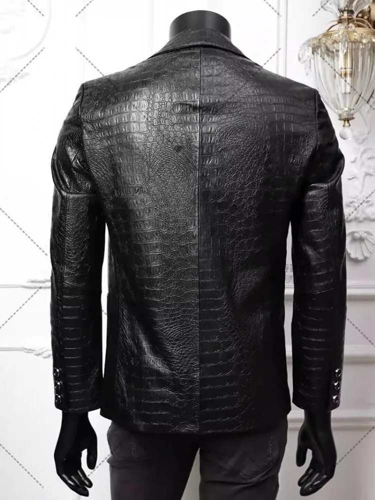 Business Mens Work Crocodile Pattern Sheepskin Genuine Leather Blazer Single Breasted Slim Fit Suit Jacket Office Casual Outwear