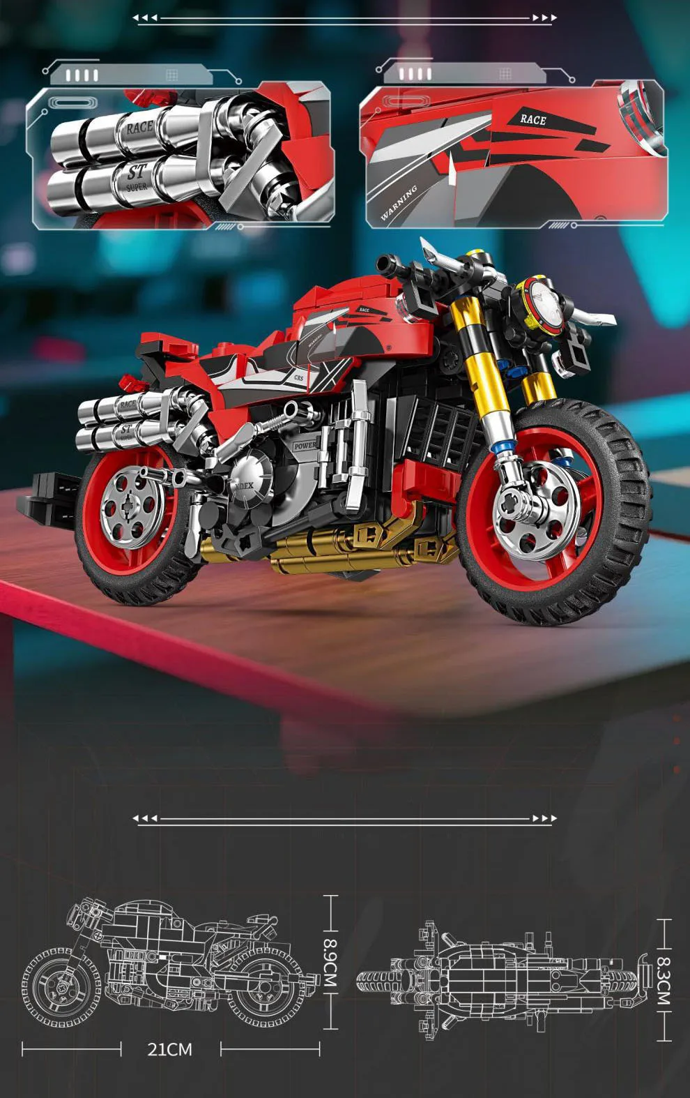 Schnelles Motorrad XR155 RnineT ‌ Dragster 800 Indian Scout Modellbausatz, Motor-Konstruktions-Bausteine, Spielzeug für Geschenke – Detail 9