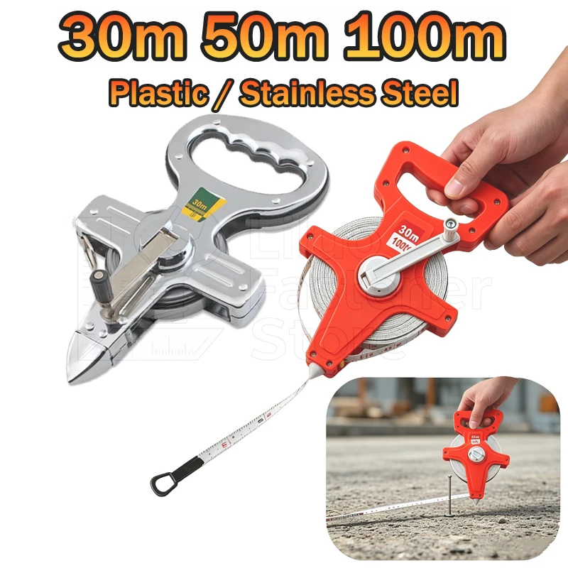 1Pc 30m/50m/100m Meter Open Reel Fiberglass/Stainless Steel Tape Measure Inch Metric Scale Impact Resistant Plastic Measure Tool