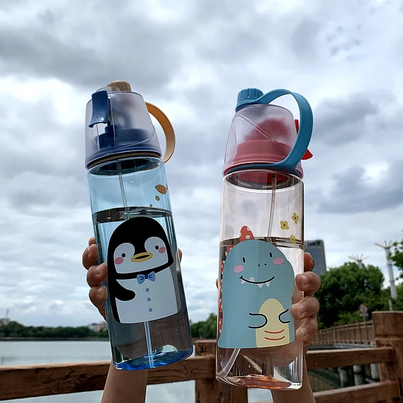 

Portable Outdoor Sports Spray Water Cup Male and Female Children's Cartoon Plastic Water Bottle Summer High Aesthetic Cooling