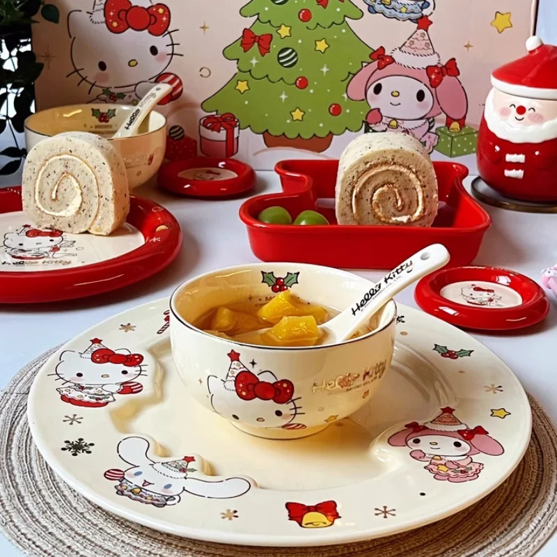 New Anime Sanrio Christmas Series Tableware Bowl Dish Spoon Plate Cartoon Kawaii Hello Kitty Tableware Decoration Christmas Gift