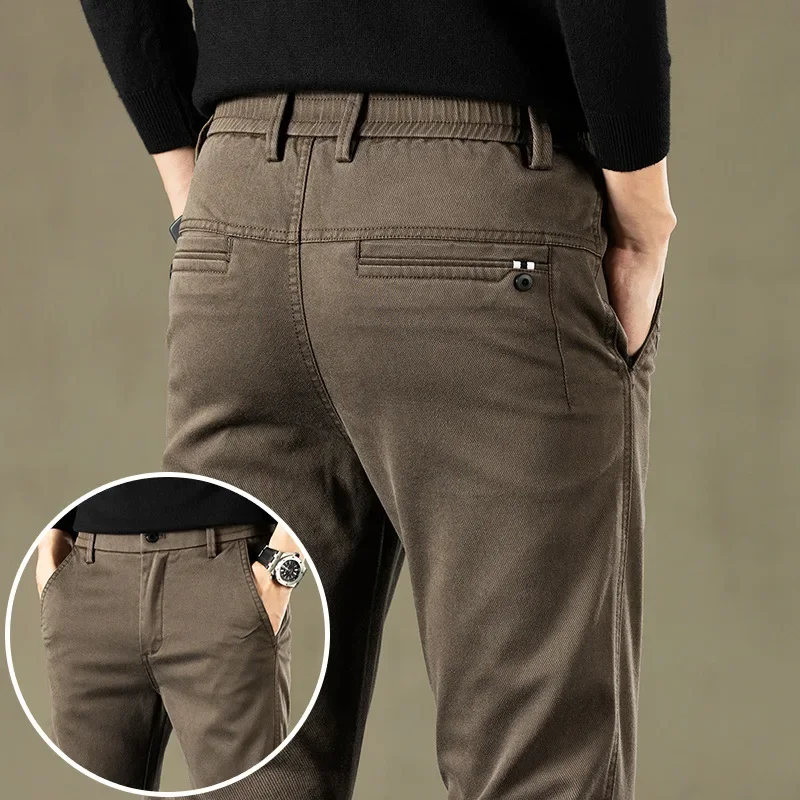 2024 Spring New Men\'s Casual Pants Brand Clothing Business Elastic Waist Thick Classic Slim Trousers Male Black Grey Brow