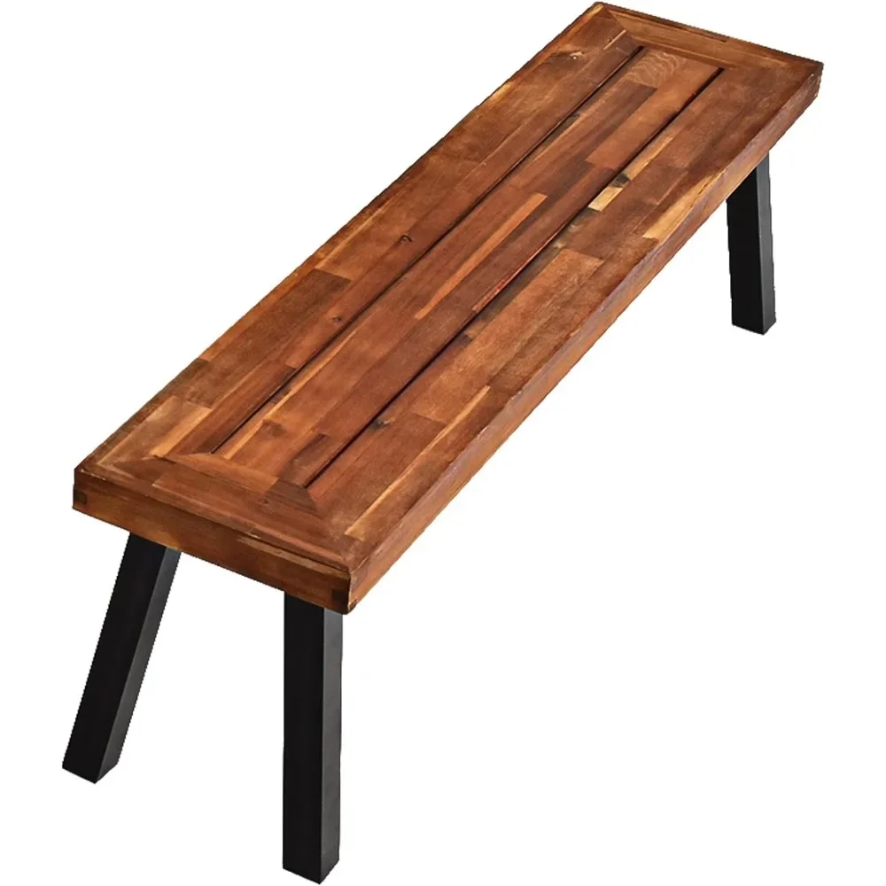 Outdoor Acacia Wood Bench, Patio Dining Bench Picnic Bench with Steel Legs