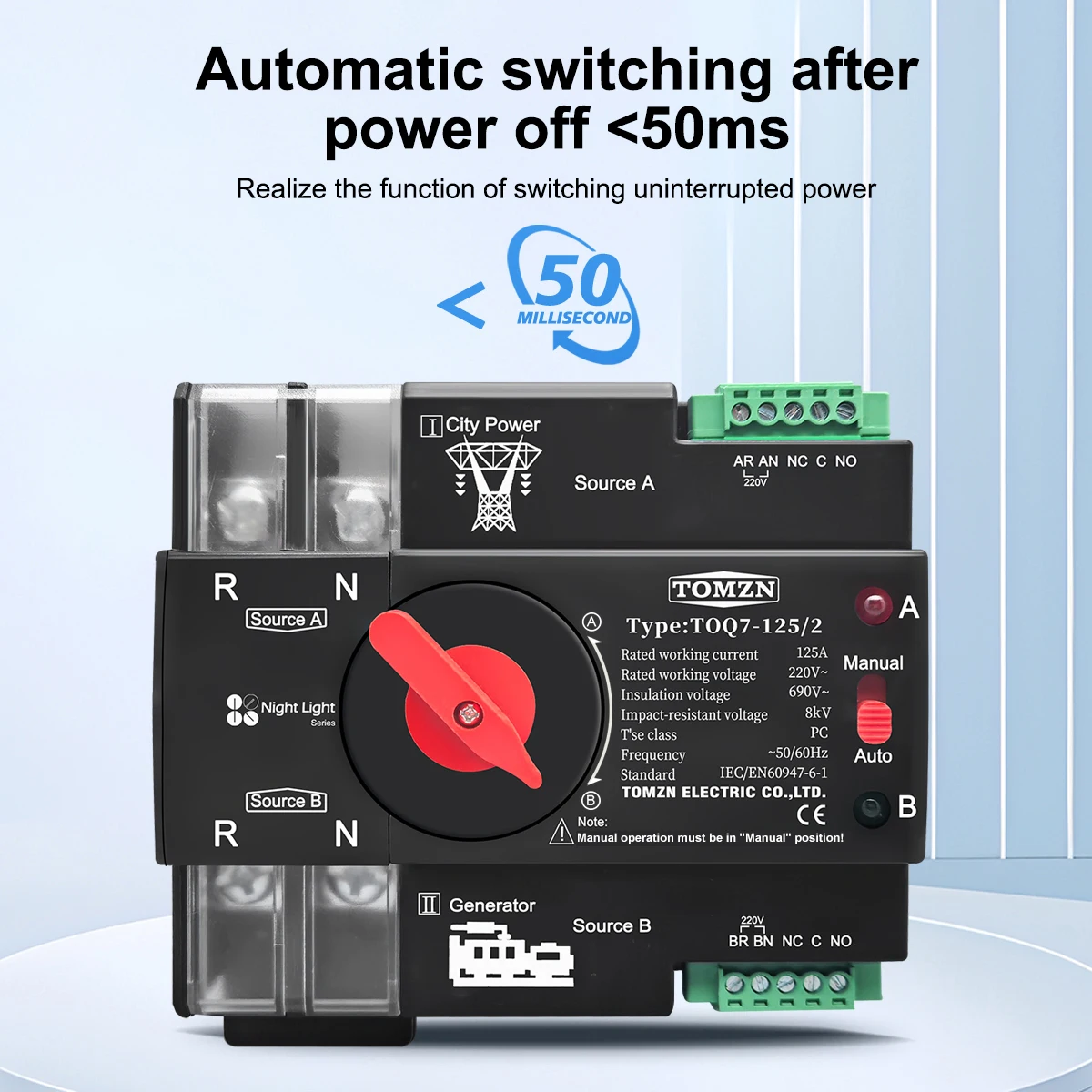 TOMZN Przełącznik Automatyczny ATS na Szynę DIN AC 220V 230V, Podwójne Zasilanie, Przełącznik Elektryczny Automatycznego Przełączania, Bezprzerwowy, 2P 63A 100A 125A — zdjęcie 6