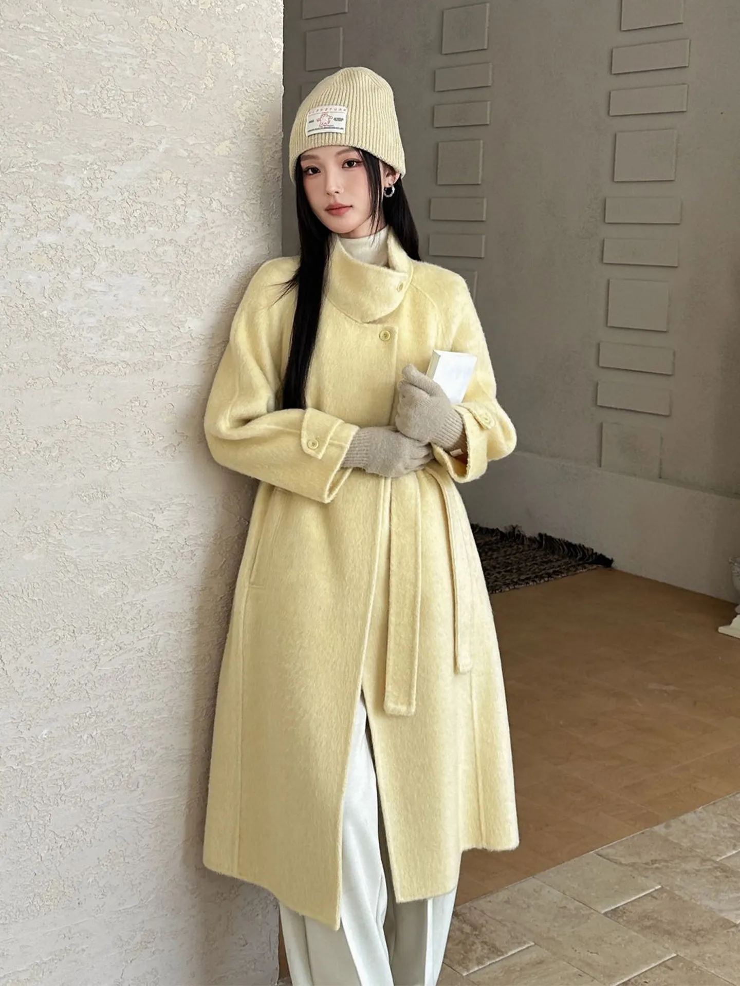 Soft Style Women Mid Length Double Face Wool Coat High End Belted Waist Slim Fit Woolen Overcoat Autumn Winter Elegant Outerwear