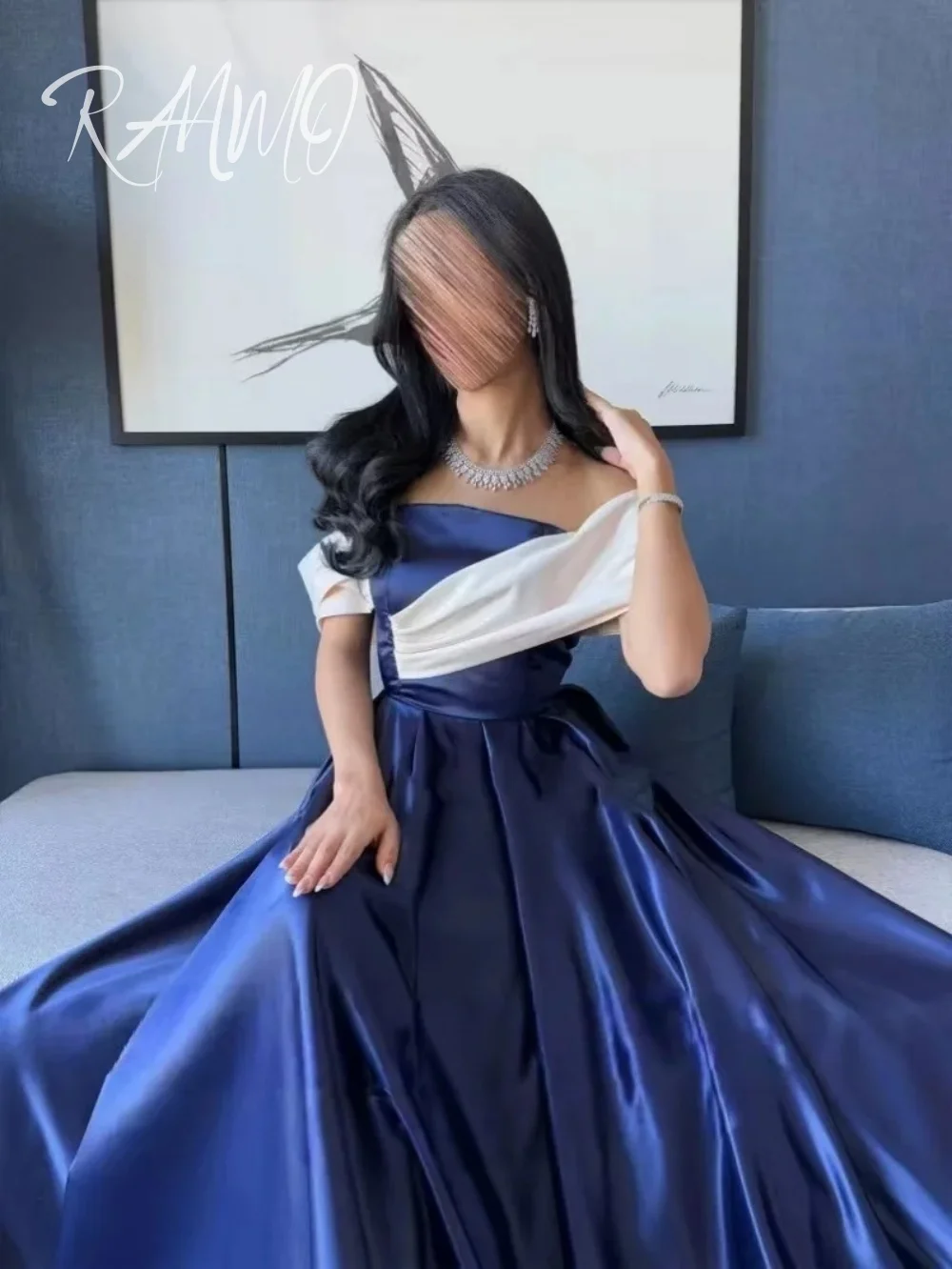Ranmo синее и белое вечернее платье без бретелек по индивидуальному заказу атласное трапециевидное атласное арабское платье для выпускного вечера свадебное платье Vestidos de fiesta