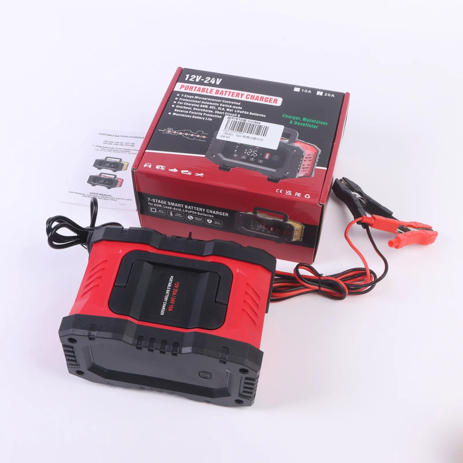 1 Buah Pengisi Daya Baterai Mobil Sepeda Motor Portabel 20A 300W 12V 24V 7 Tahap Pengisian Otomatis Perlindungan Tegangan Lebih dan Suhu Lebih