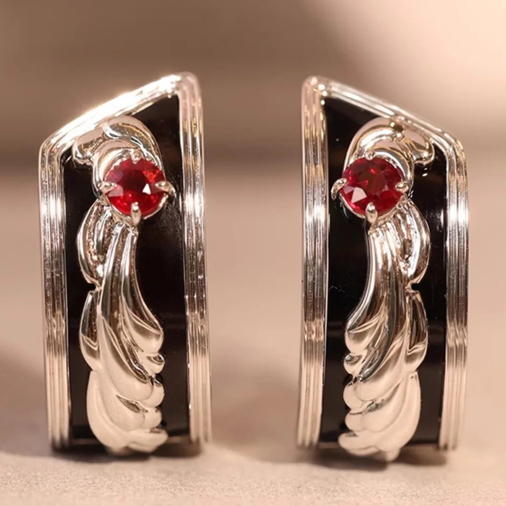 Punk Knight Style Black Enamel Inlay Red Imitation Ruby‑5A Zircon Feather Hoop Earrings for Men Women Click‑Lock Earring Jewelry
