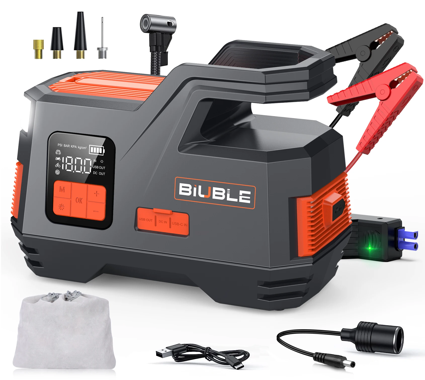 Starthilfegerät mit Luftkompressor, 150 PSI Luftkompressor, 4500 A 12V Autobatterie-Booster-Powerbank mit Luftpumpe für 9,5L Benzin oder 7,5L Diesel, 2-in-1 tragbare LCD-Starthilfegerätebox mit
