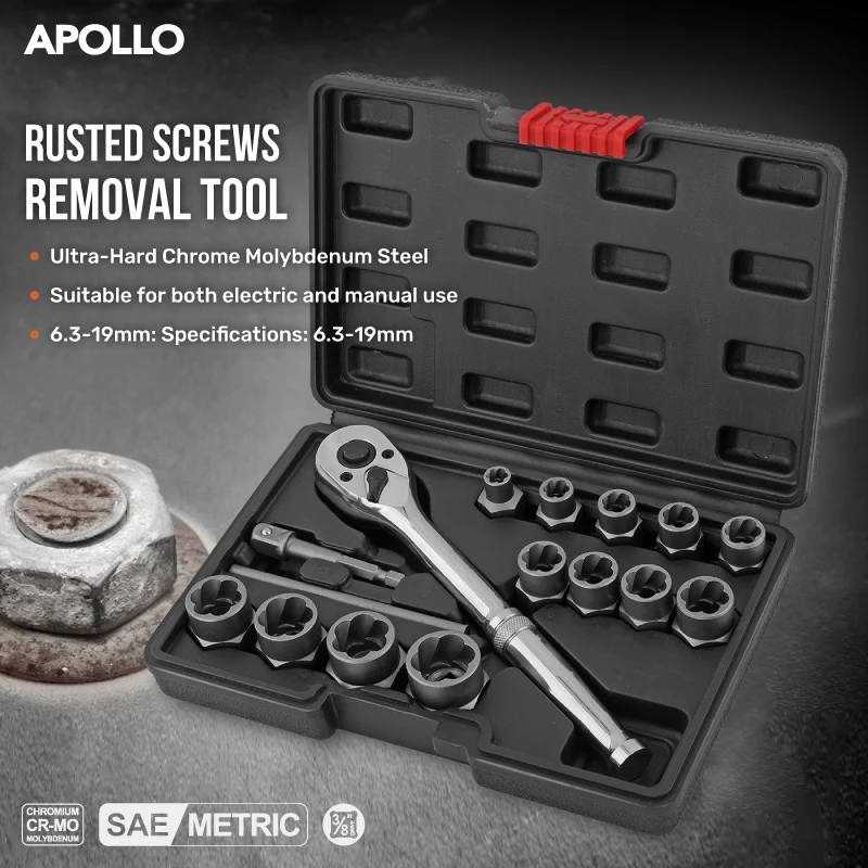 

Apollo 16PC 3/8" Drive CR-MO Reverse Socket Set 1/4"-3/4" 6.3-19mm, Rusted Screw Removal Kit with Ratchet & Counterbore Adapter