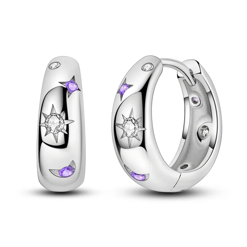 

925 Sterling Silver Sun Moon Stars Earrings Women Purple Zirconium Hoop Earring For Anniversary Wedding Jewelry Gifts