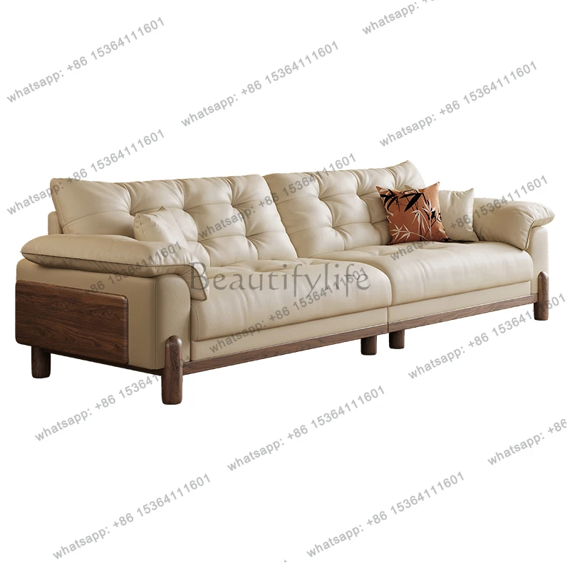 Cloud leather sofa black walnut ash wood straight row size apartment medium antique leather art sofa