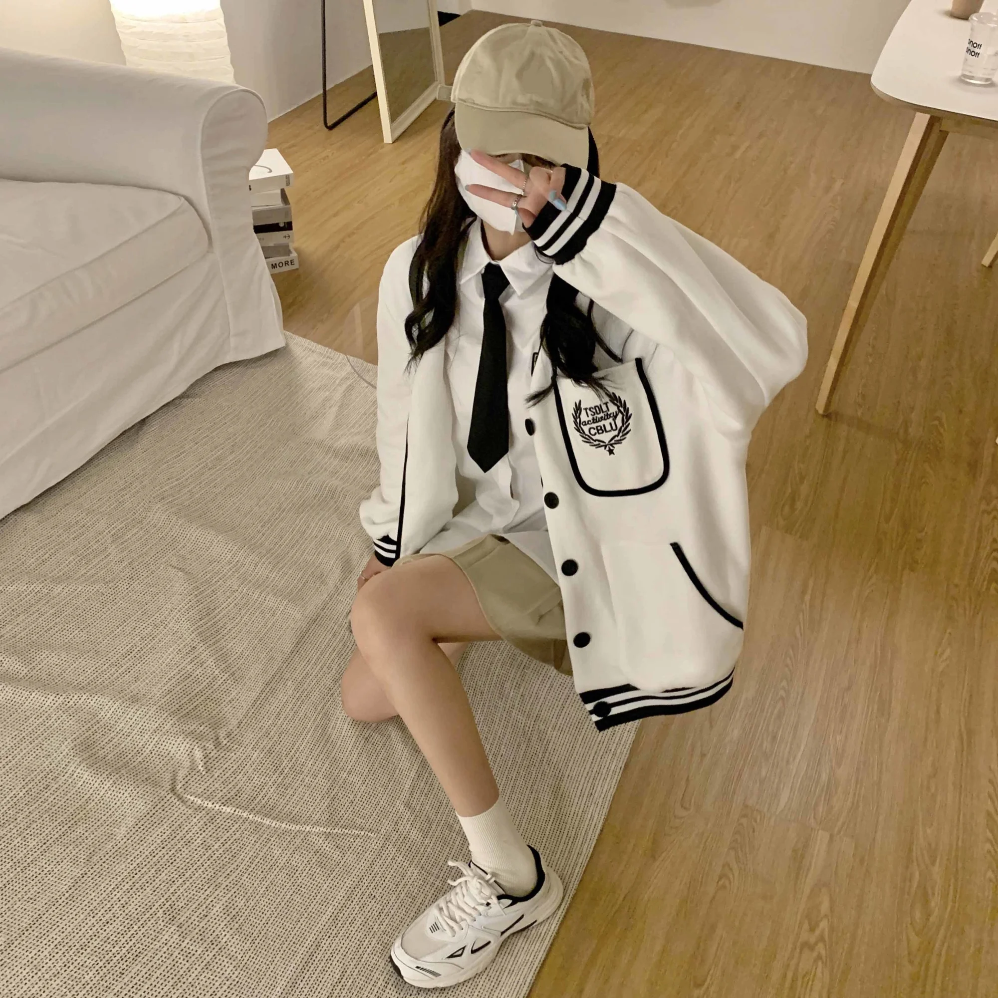 Student Girl Coat Baseball Jacket Boyfriend Spring Korean Loose Cotton Oversized American Versatile White Long Sleeved Cardigan