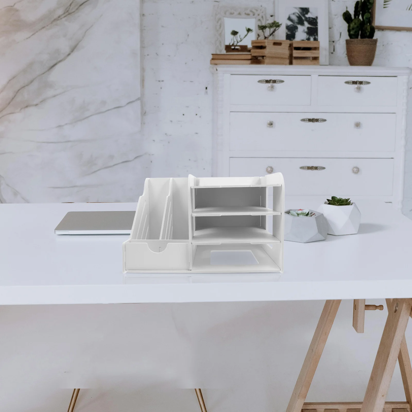 

Multipurpose White File Organizer Desk Storage Display Shelf Rack Stylish Ventilated Home Office Classroom Use