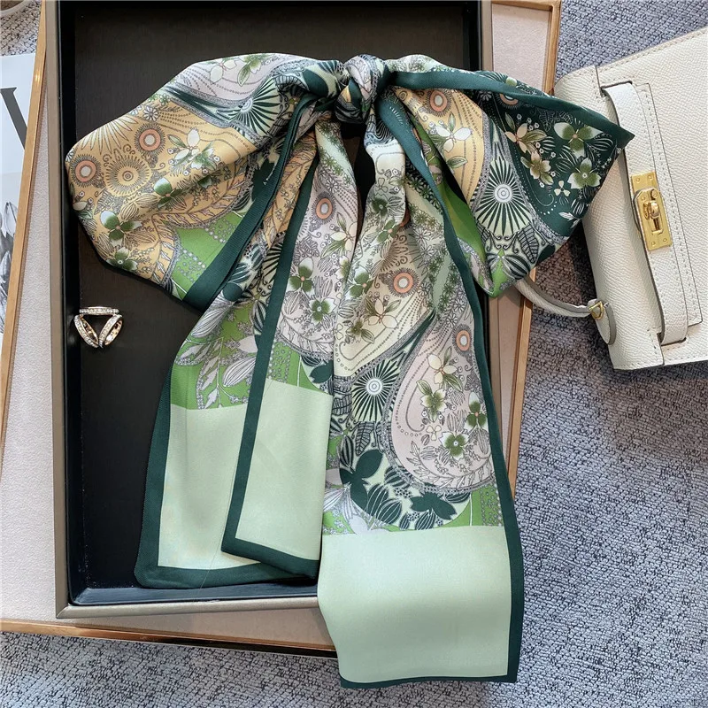 Узкий атласный шелковый шарф с принтом для женщин, 15*145 см, ленты для волос, галстук на шею, пояс, повязка на голову, женские накидки, платок, головной платок, бандана