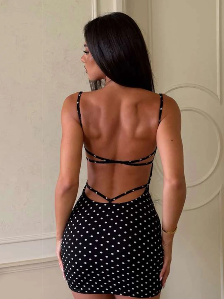 Nibber Polka Dot Print Dress Women Backless Low-Neck Sleeveless Skinny Elasticity Sexy Midnight Prom Party Hottie Mini Bodycon