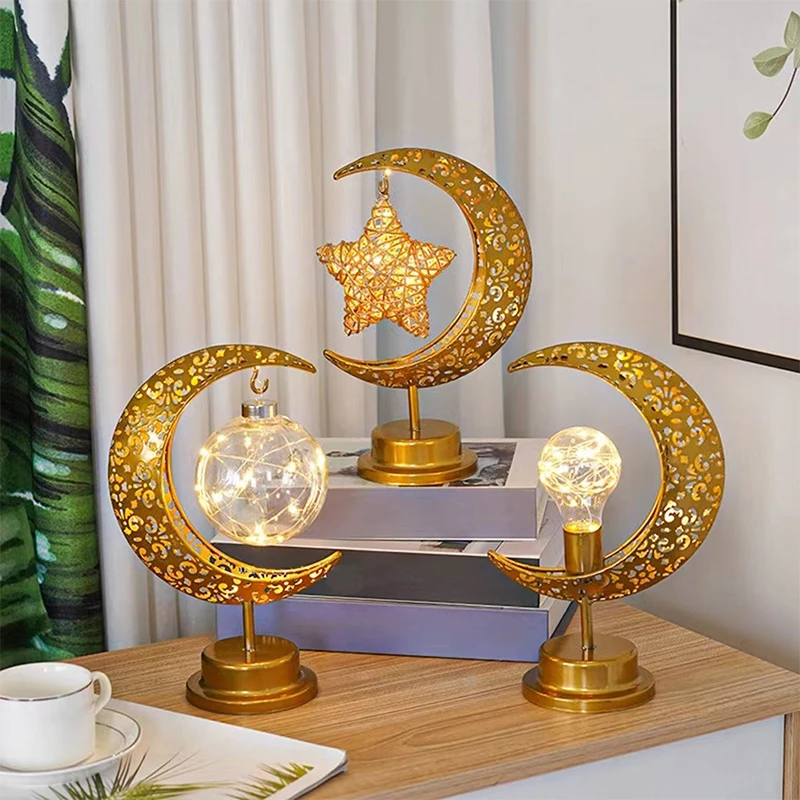 Eid Decoration LED Iron Ramadan Moon Lamp Star Metal Bedroom Table Lamps Night Light Ambient Lighting Muslim Eid