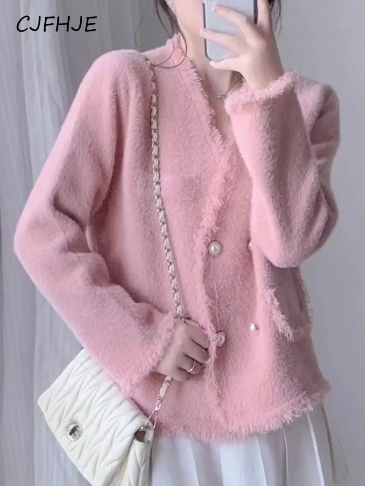 CJFHJE Fashion Tassel Pink Cardigan Jacket Korean Loose Double Breasted Knitted Sweater Elegant Pearl Buttons Cardigan Coat New