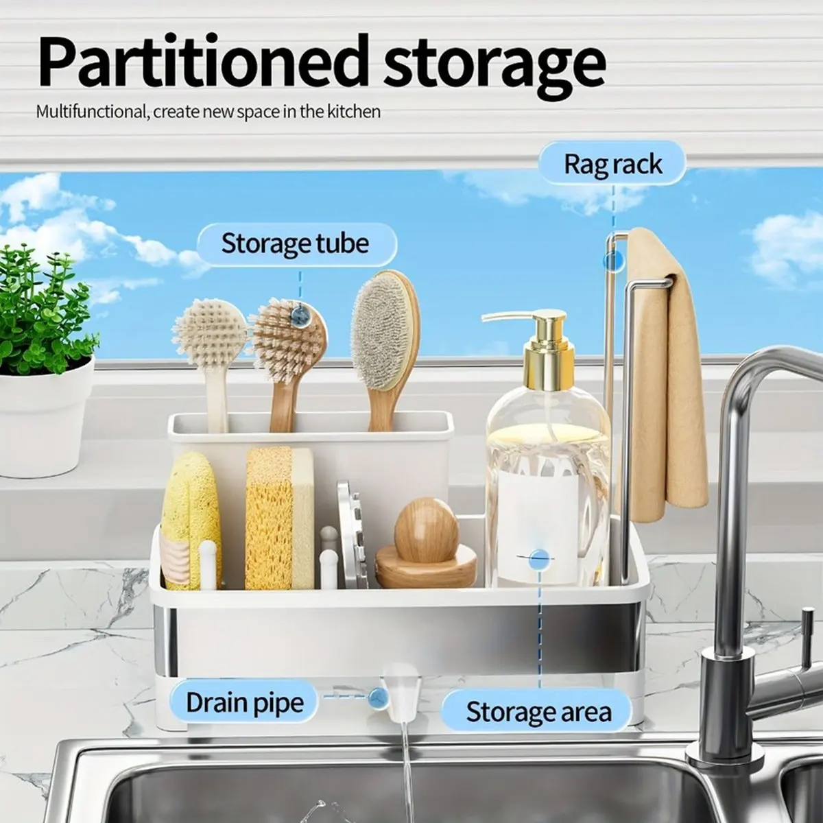 Stainless Steel Sponge Rack with Drain - Multi-Functional Kitchen Bath Storage Box for Cleaning Supplies Towels Brushes Black