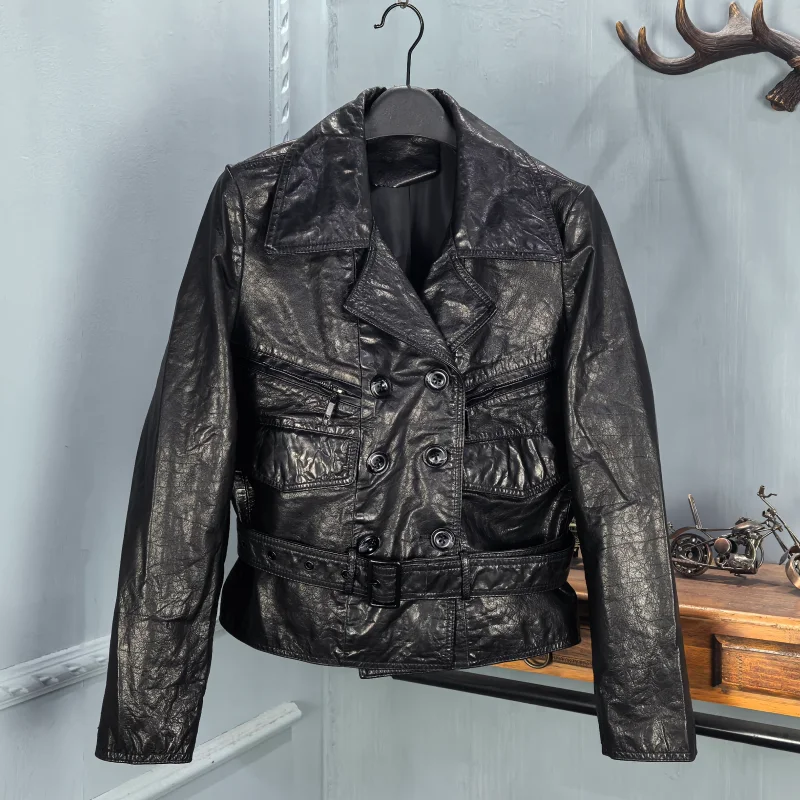 

Весна 2026: Женская кожаная куртка из вощеной коровьей кожи с поясом, приталенная, универсальная, с отложным воротником, молодежная, с длинными рукавами, укороченная.