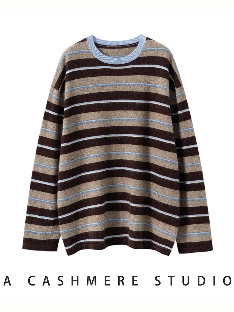 ADDONEE, suéter de cachemira de 100% para mujer, jersey a rayas con cuello redondo, Jersey informal holgado de estilo Ins, Jersey de punto de Cachemira, ropa de otoño e invierno