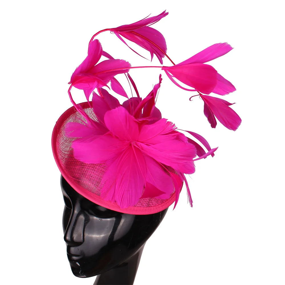 Elegant Hot Pink Feather Fascinator Wedding Bridal HairClip Hat For Party Cocktail Headpiece Lady Floral Pattern HeadWear