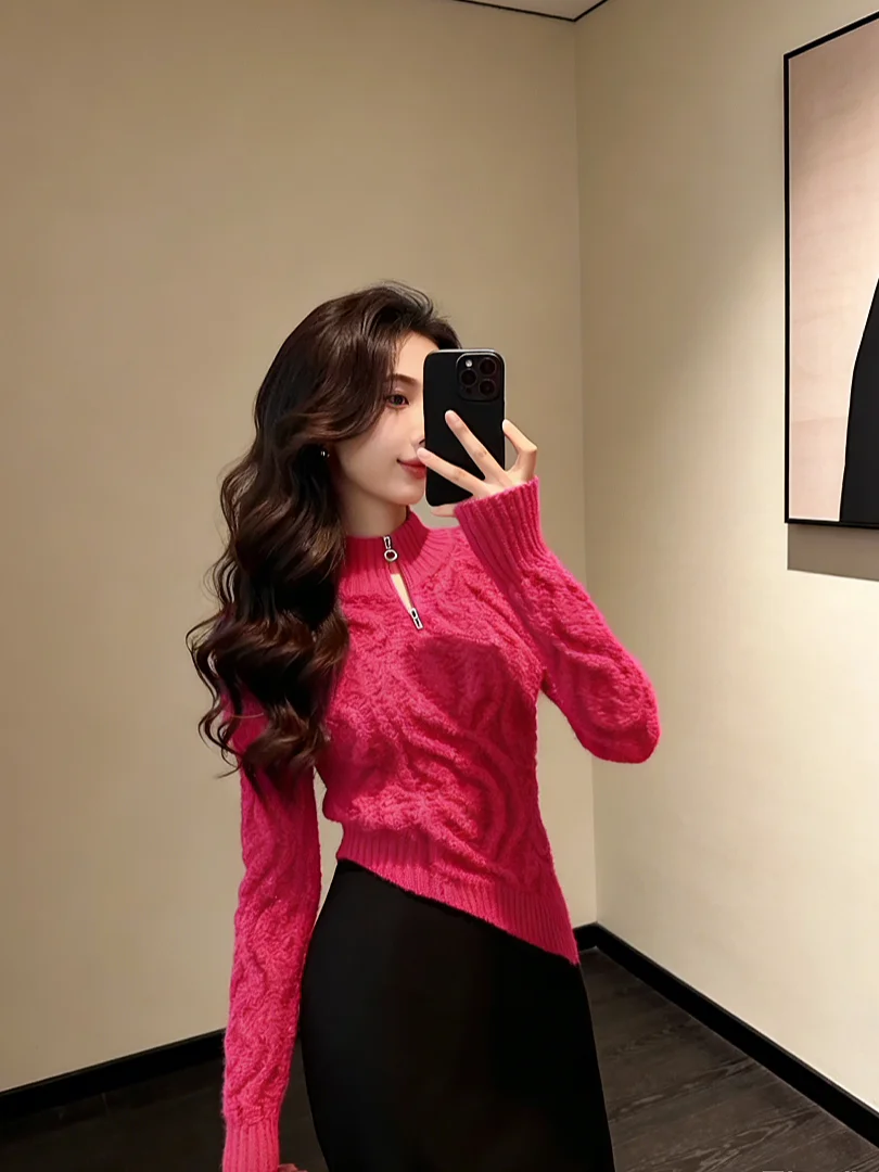 

Unique Pink Knitted Sweater ort Sle Inner Wear Top Winter Faion Korean System Beautiful Luxury Matched French Sle Sli...