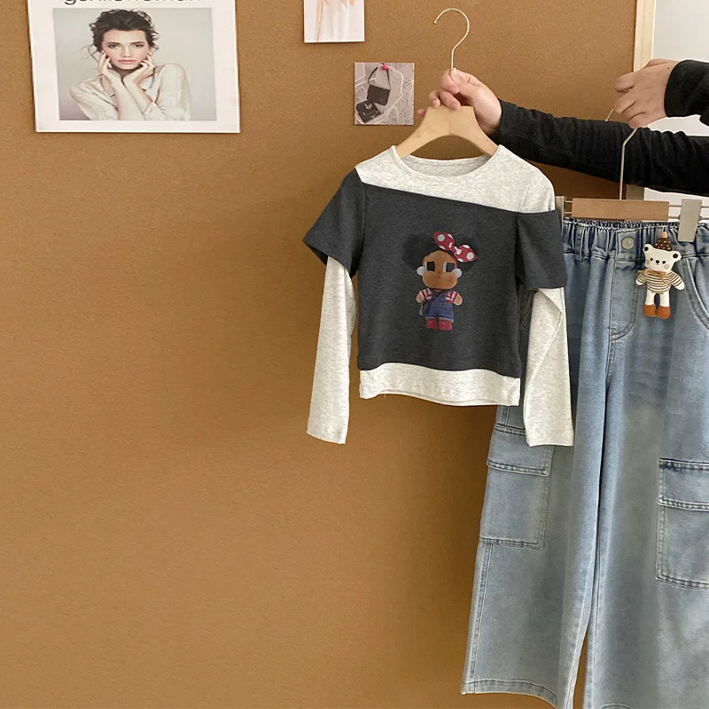Girls 2026 Cartoon Fake Two-piece Long-sleeved T-shirt Children's Jeans Sports Long Pants Two-piece Set