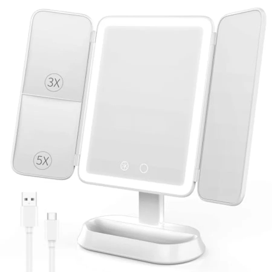 

Зеркало для макияжа с подсветкой, увеличение 1X/3X/5X, 3 цвета, регулируемая яркость, мягкое освещение, поворот на 360° ° Умный сенсорный дисплей с функцией вращения и перезарядкой