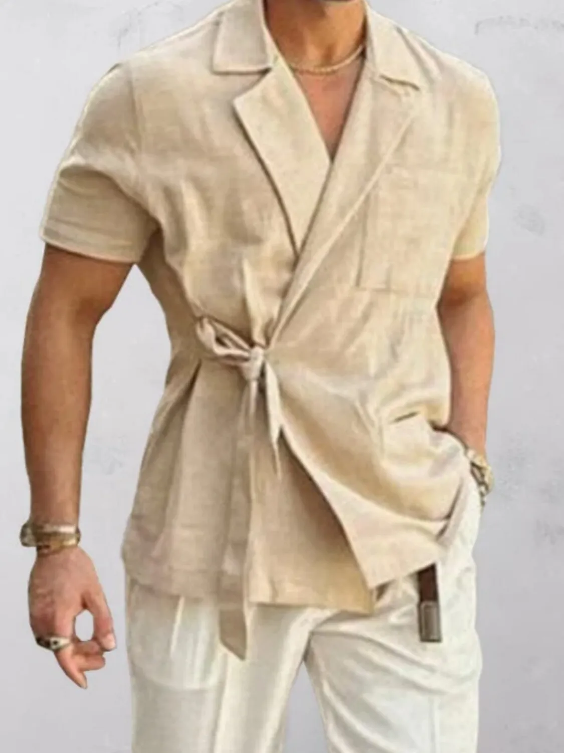 2025 Men's Cotton Linen Short Sleeved Shirt Solid Suit Lapel Strap French Elegant Gentleman Casual Shirts Simple Clothing Tops