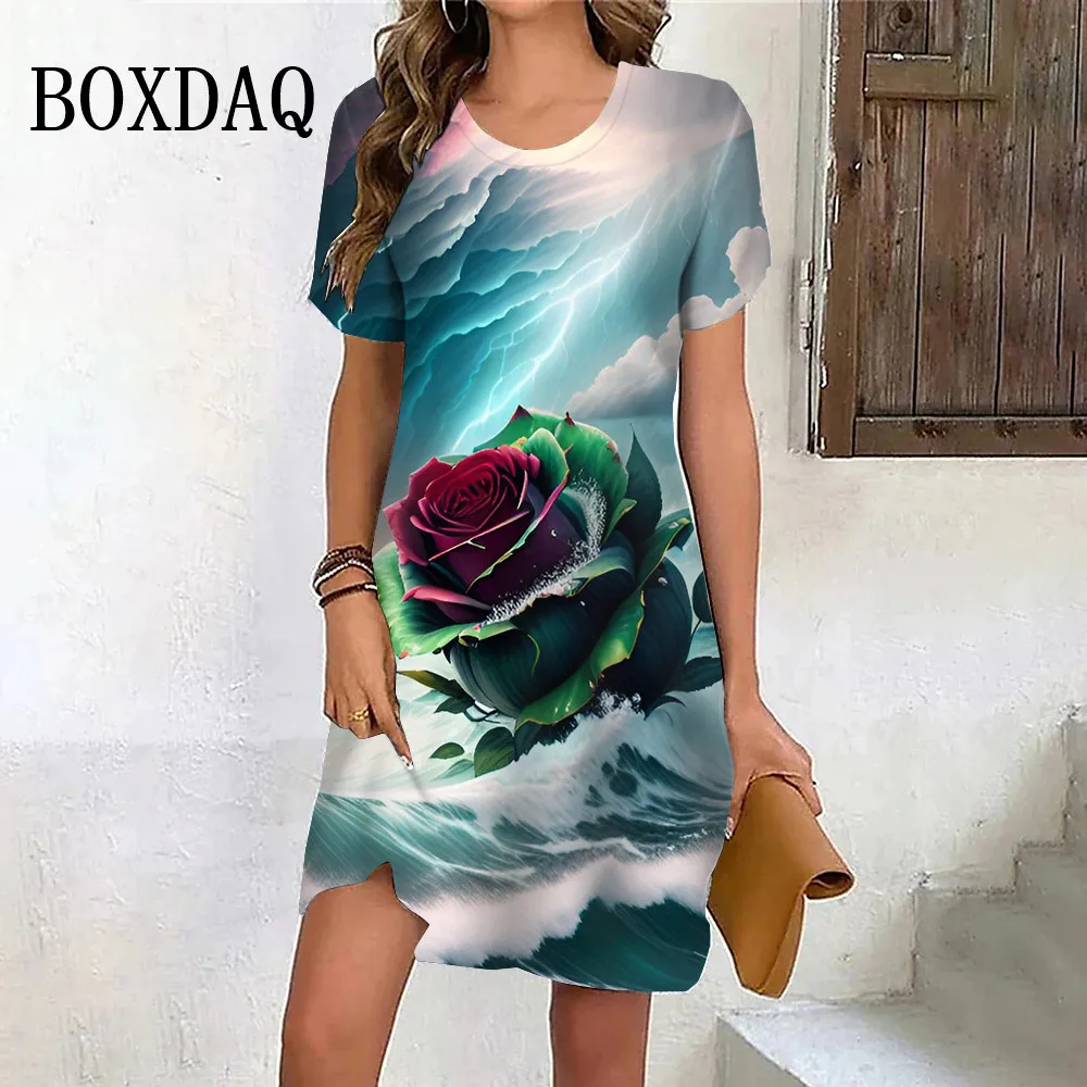 New Summer Beach Party Dresses For Women Vintage Tie Dye Red Rose Flower Print Dress Short Sleeve Pullover Loose Plus Size Dress